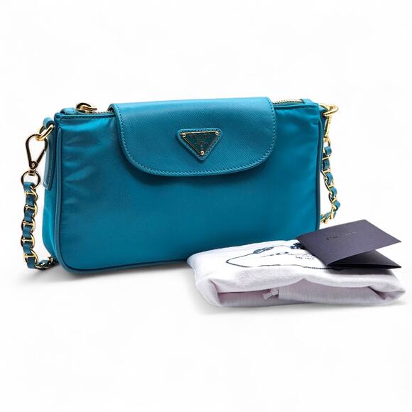 Prada Nylon and Leather Chain Shoulder Bag in Turquoise Blue - New $2250 - Picture 2 of 9